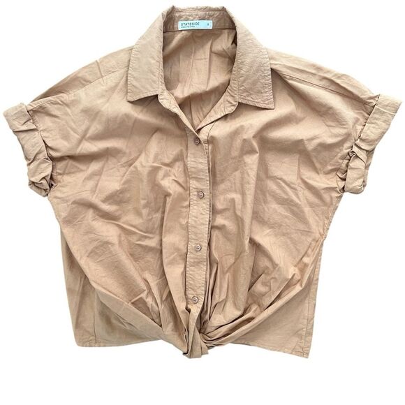 Stateside Voile Short Sleeve Front Twist Button Up Shirt Size Small Neutral Tan - Picture 3 of 6